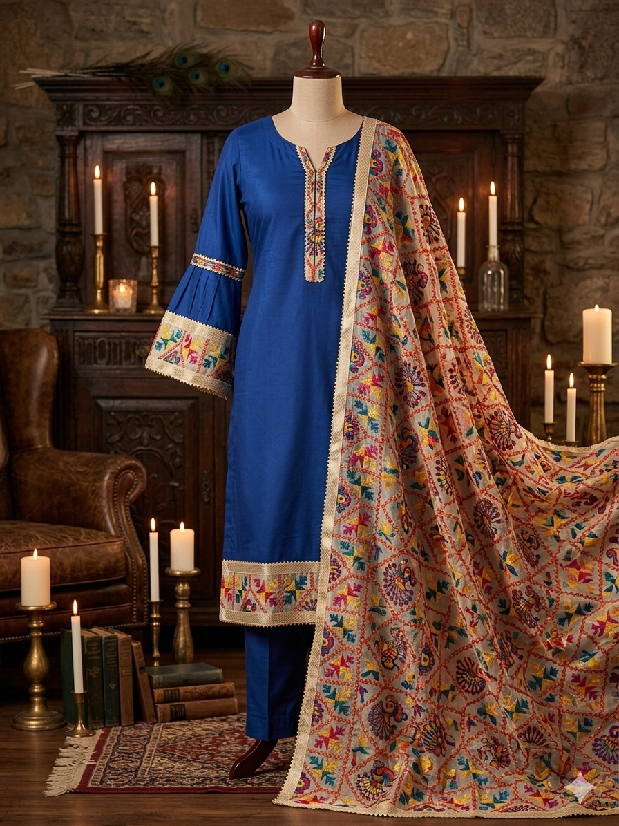 Blue unstitched Phulkari suit