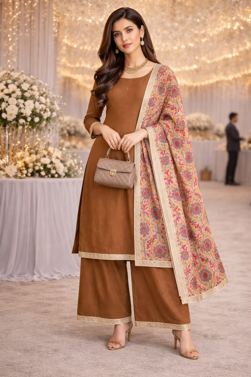 Brown unstitched Phulkari suit