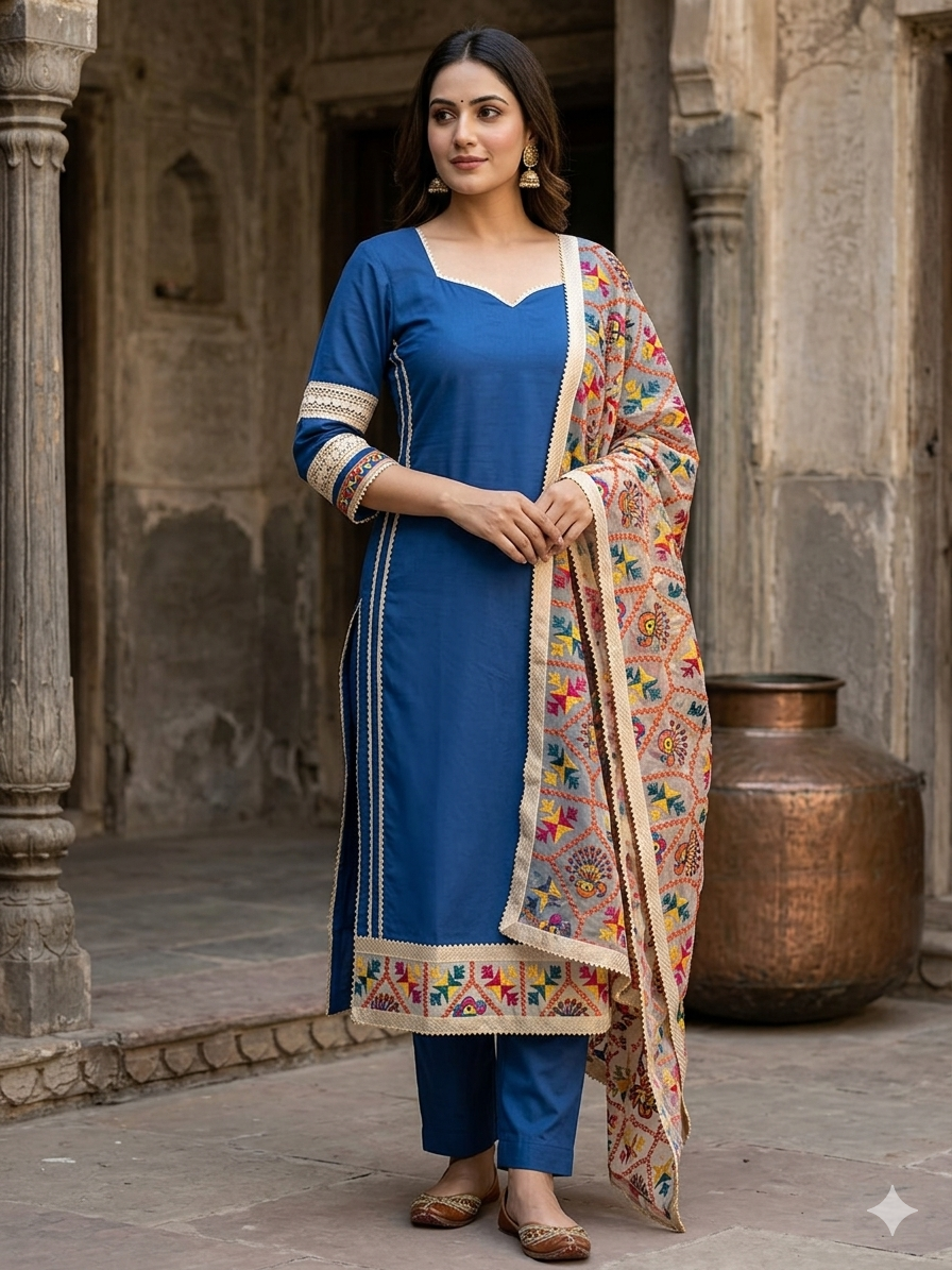 Blue unstitched Phulkari suit