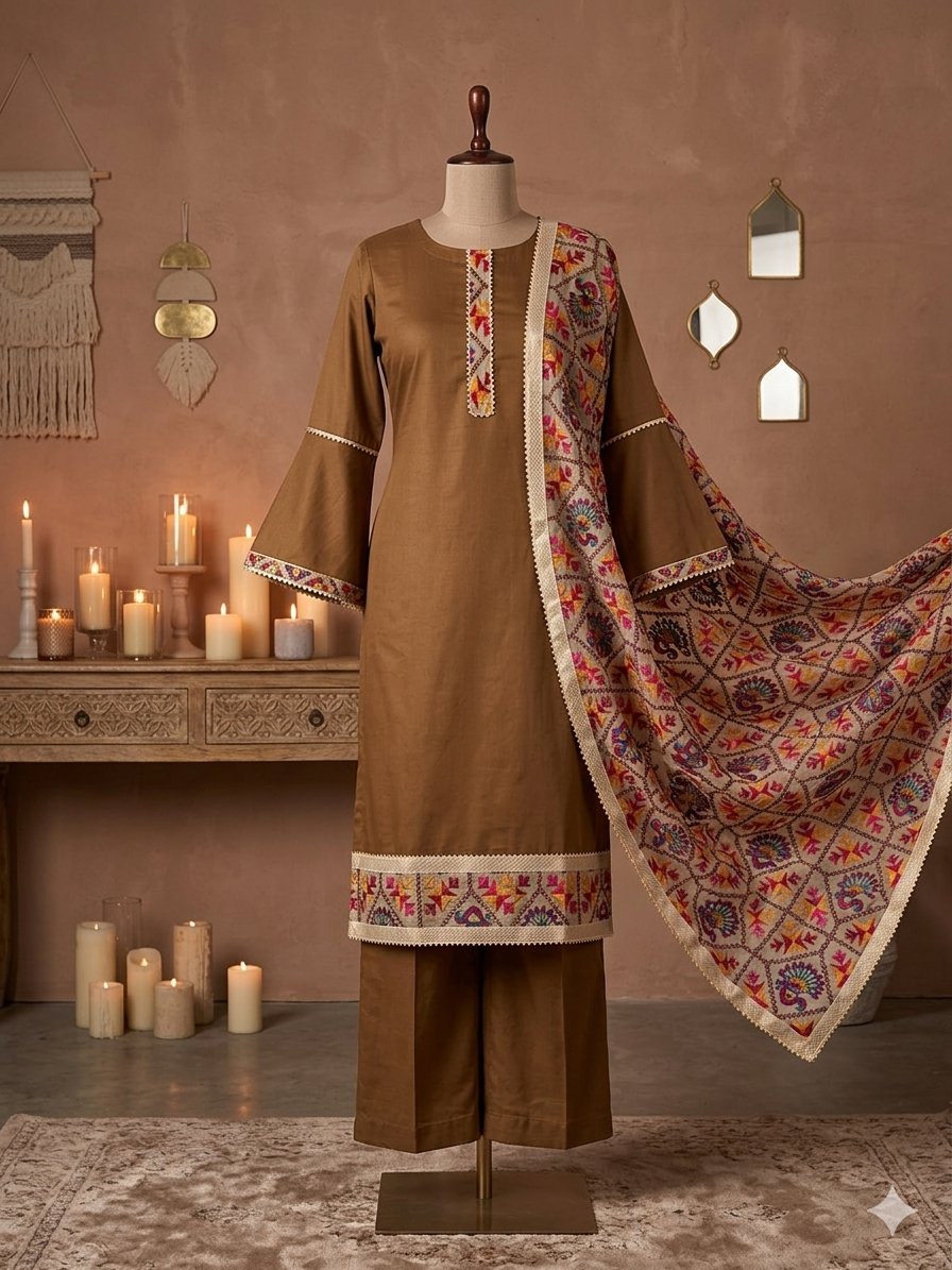 Brown unstitched Phulkari suit