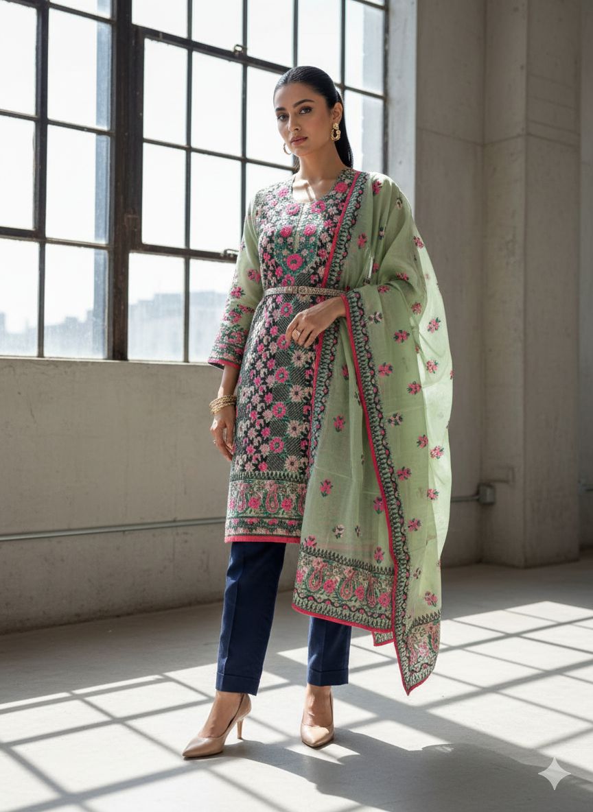 Green Unstitched Chanderi Suit
