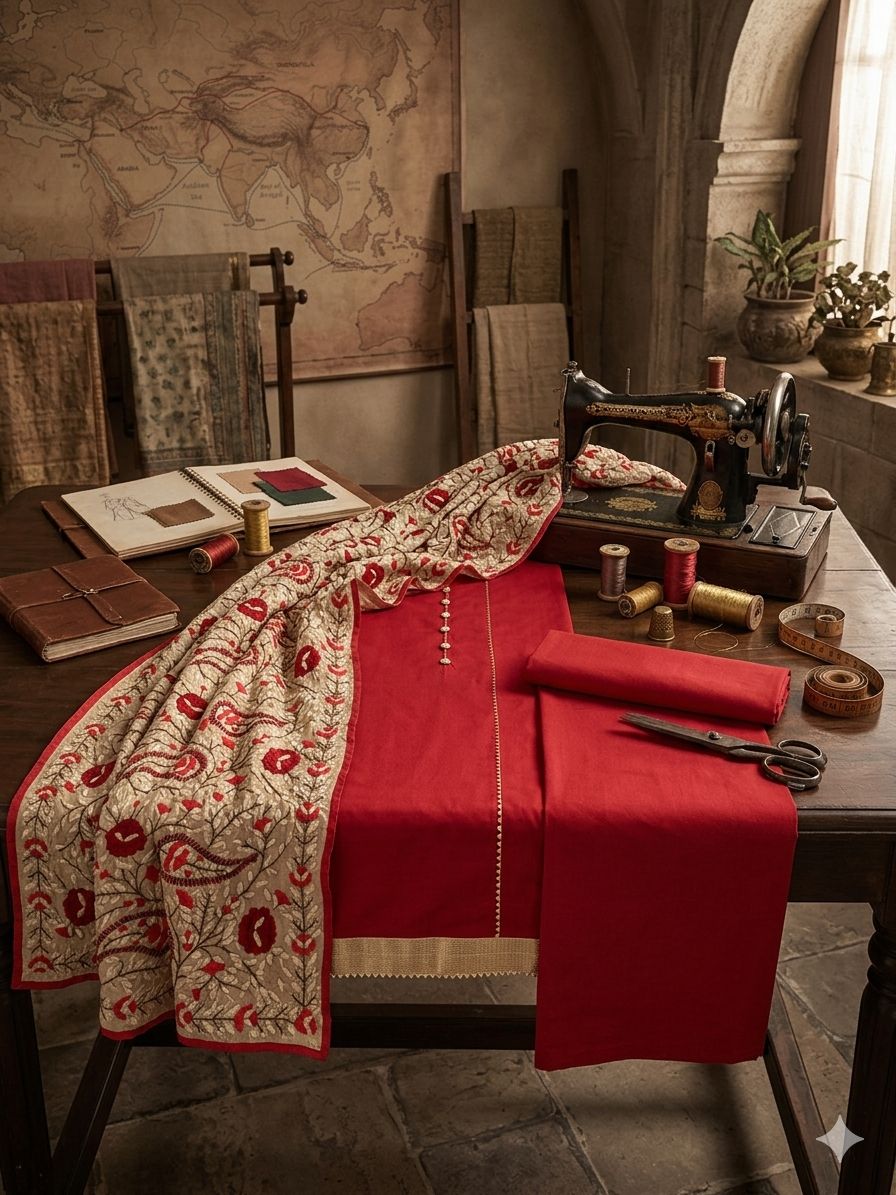 Red Unstitched Kashmiri Suit