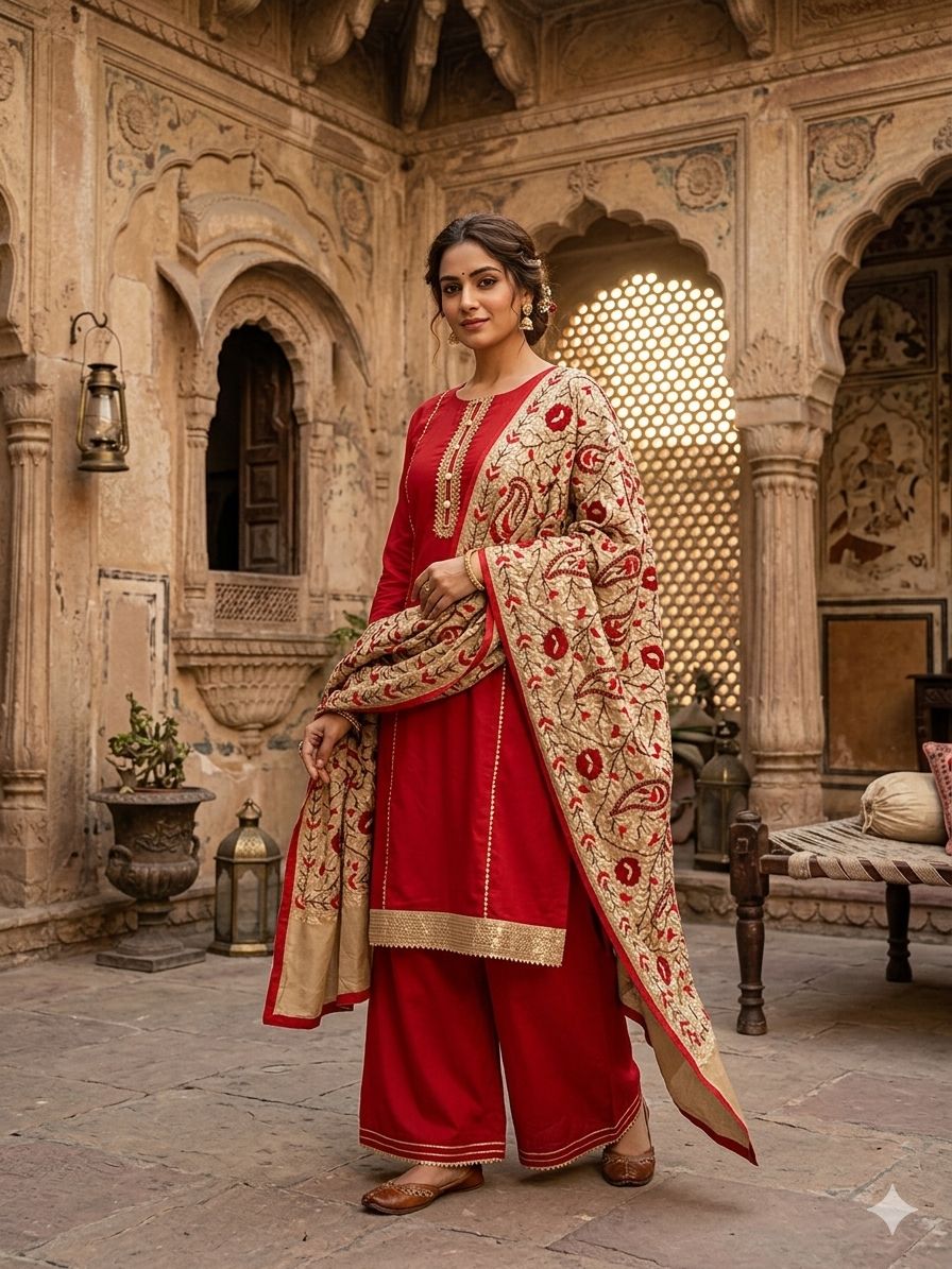 Red Unstitched Kashmiri Suit