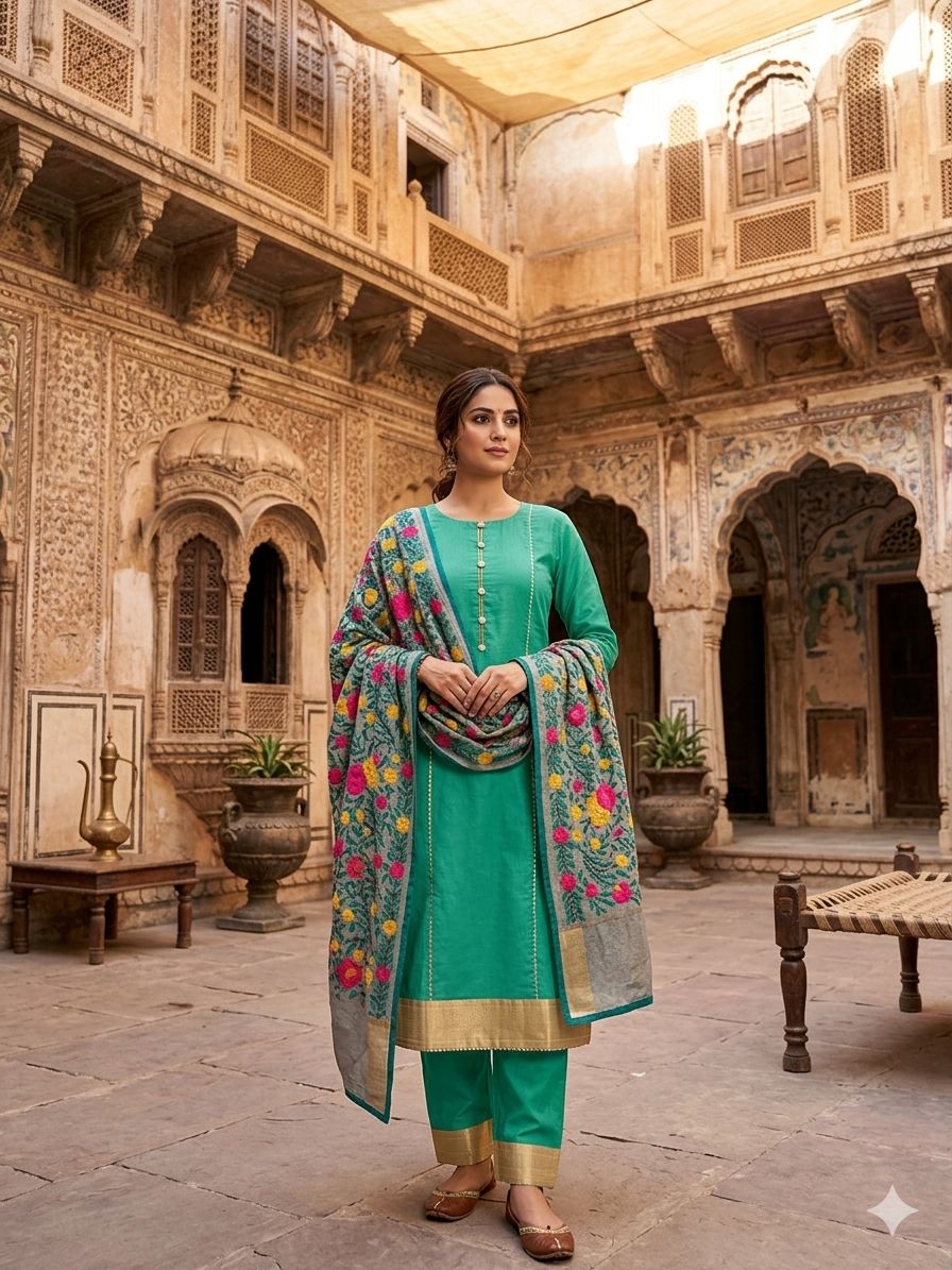 Green Unstitched Kashmiri Suit