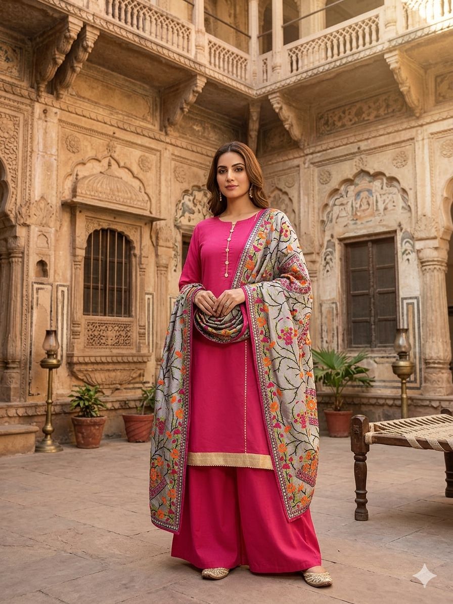 Pink Unstitched Kashmiri Suit