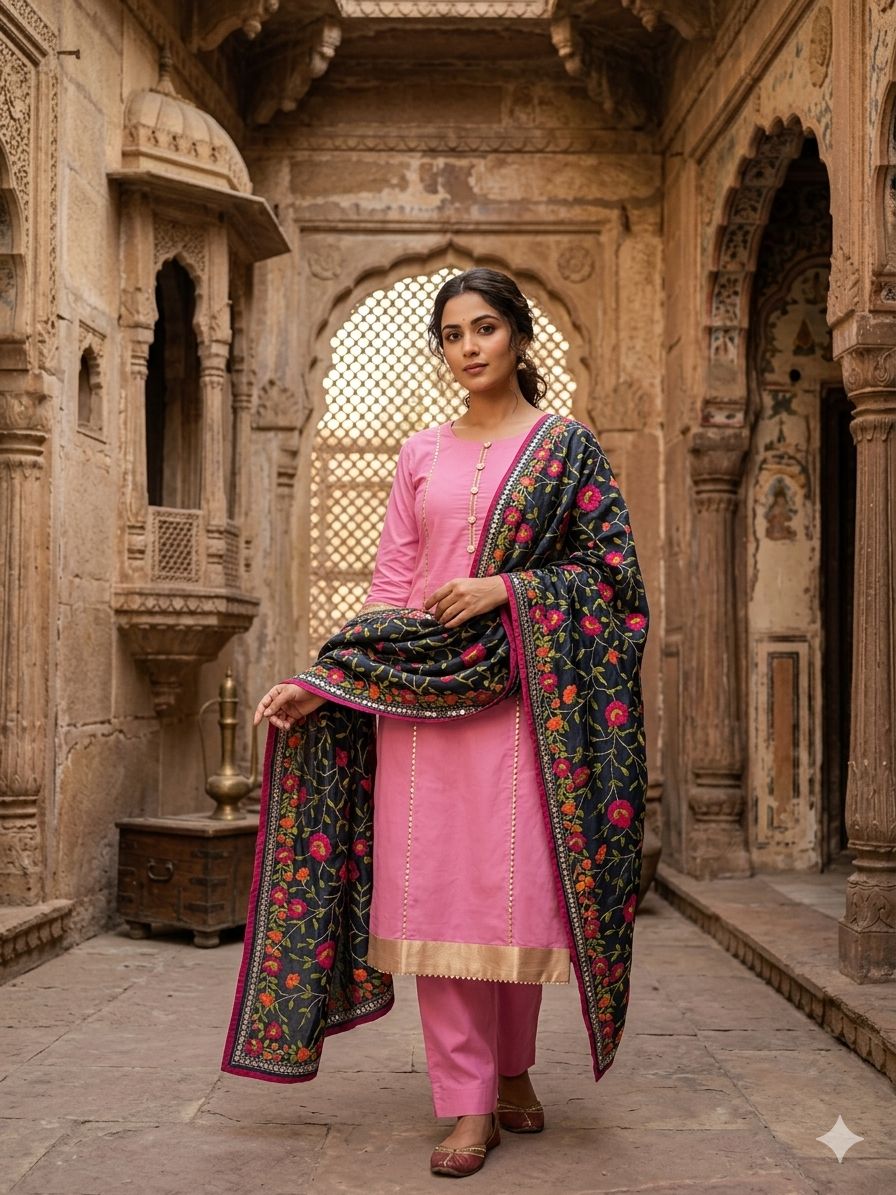 Baby Pink Unstitched Kashmiri Suit