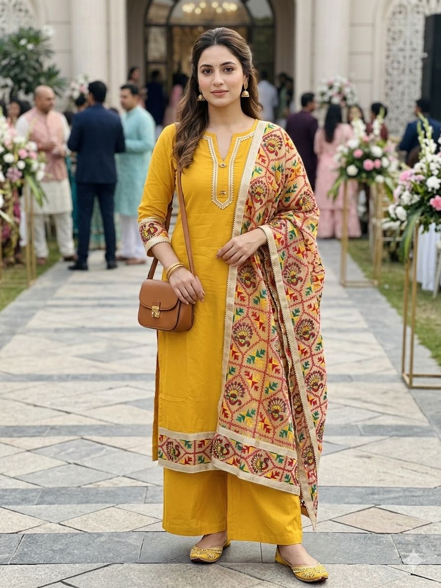 Mustard Phulkari Unstitched Suit