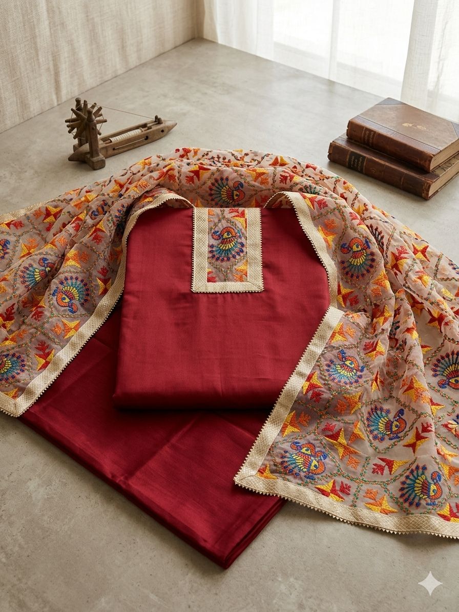Red Unstitched Phulkari Suit