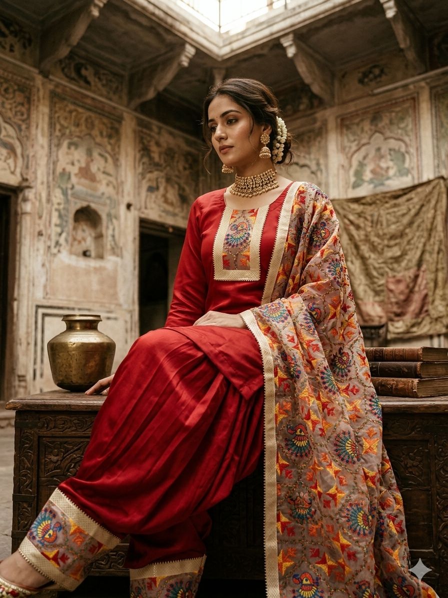 Red Unstitched Phulkari Suit