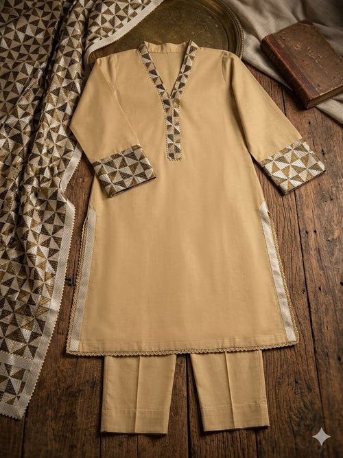 Brown unstitched Phulkari Suit