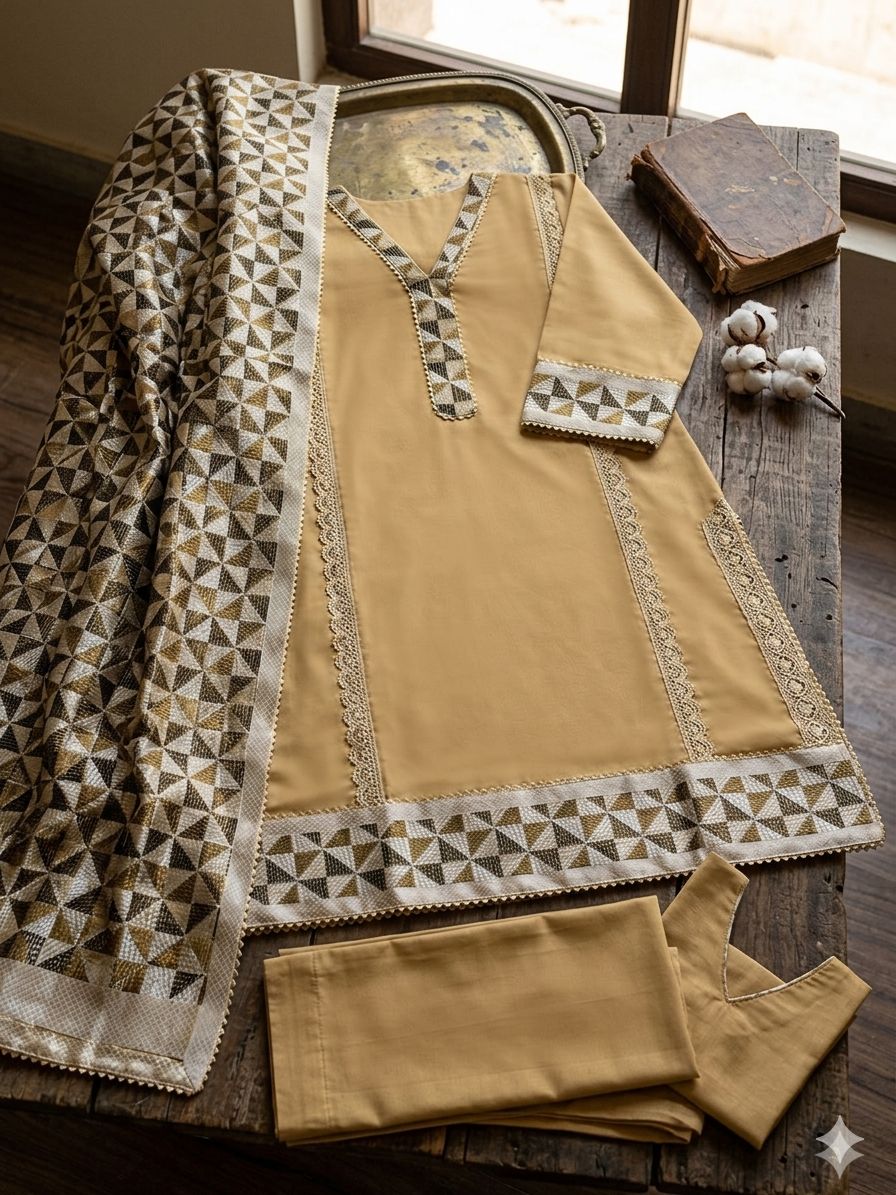 Brown unstitched Phulkari Suit