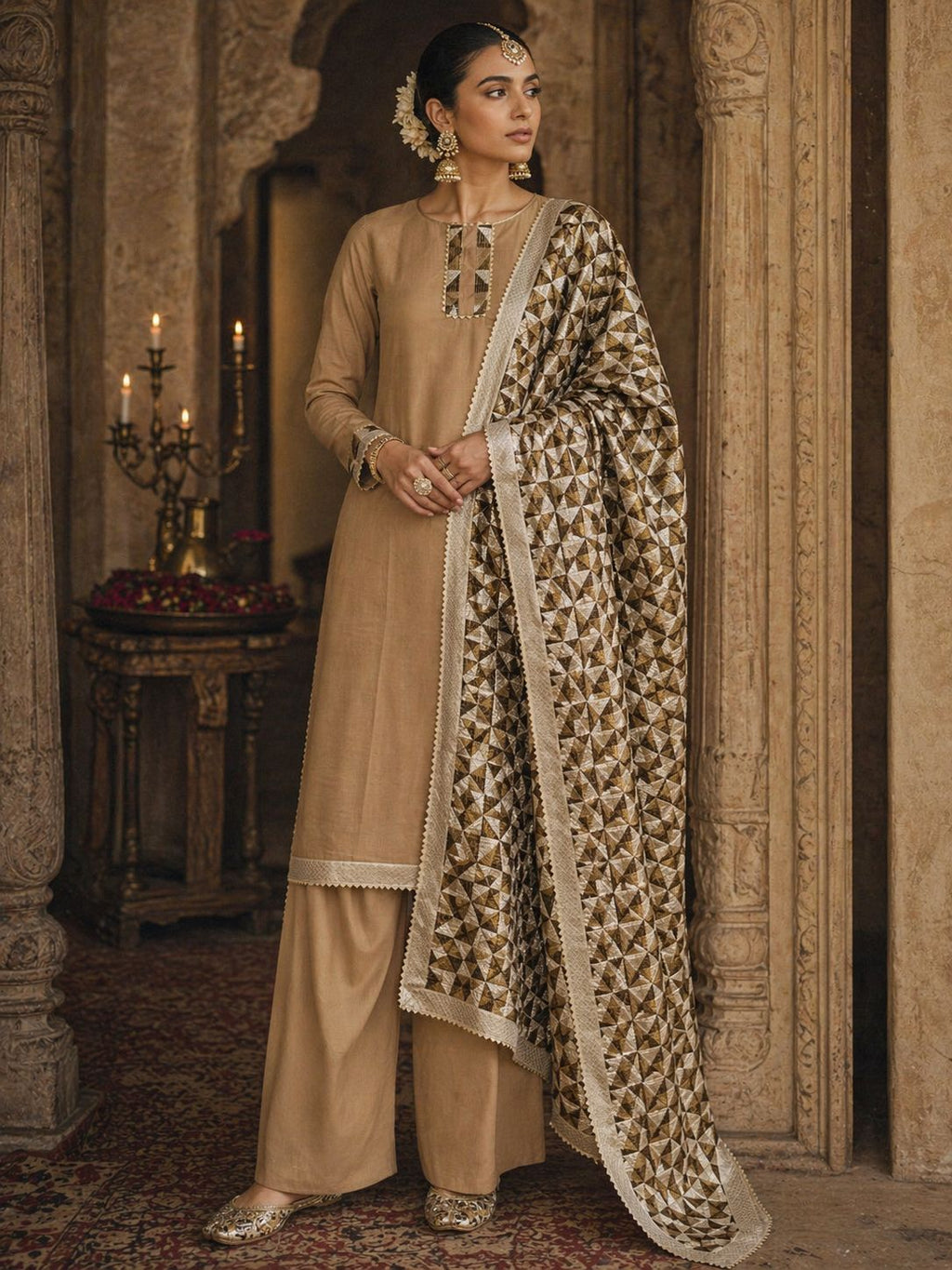 Brown unstitched Phulkari Suit