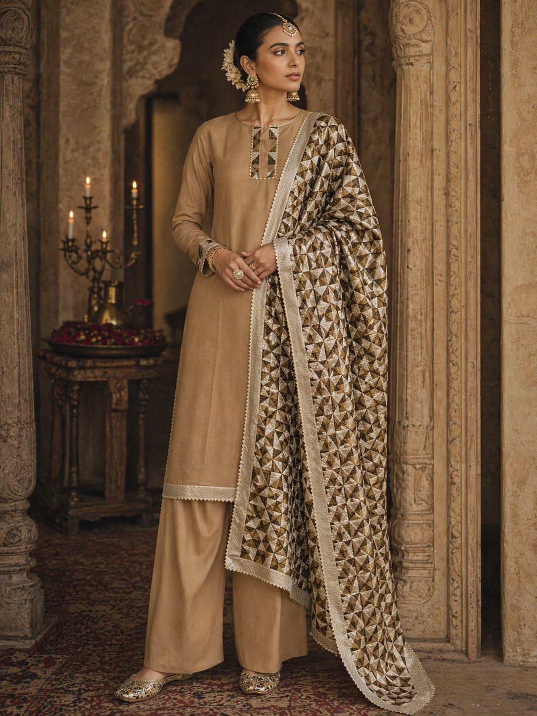 Brown unstitched Phulkari Suit