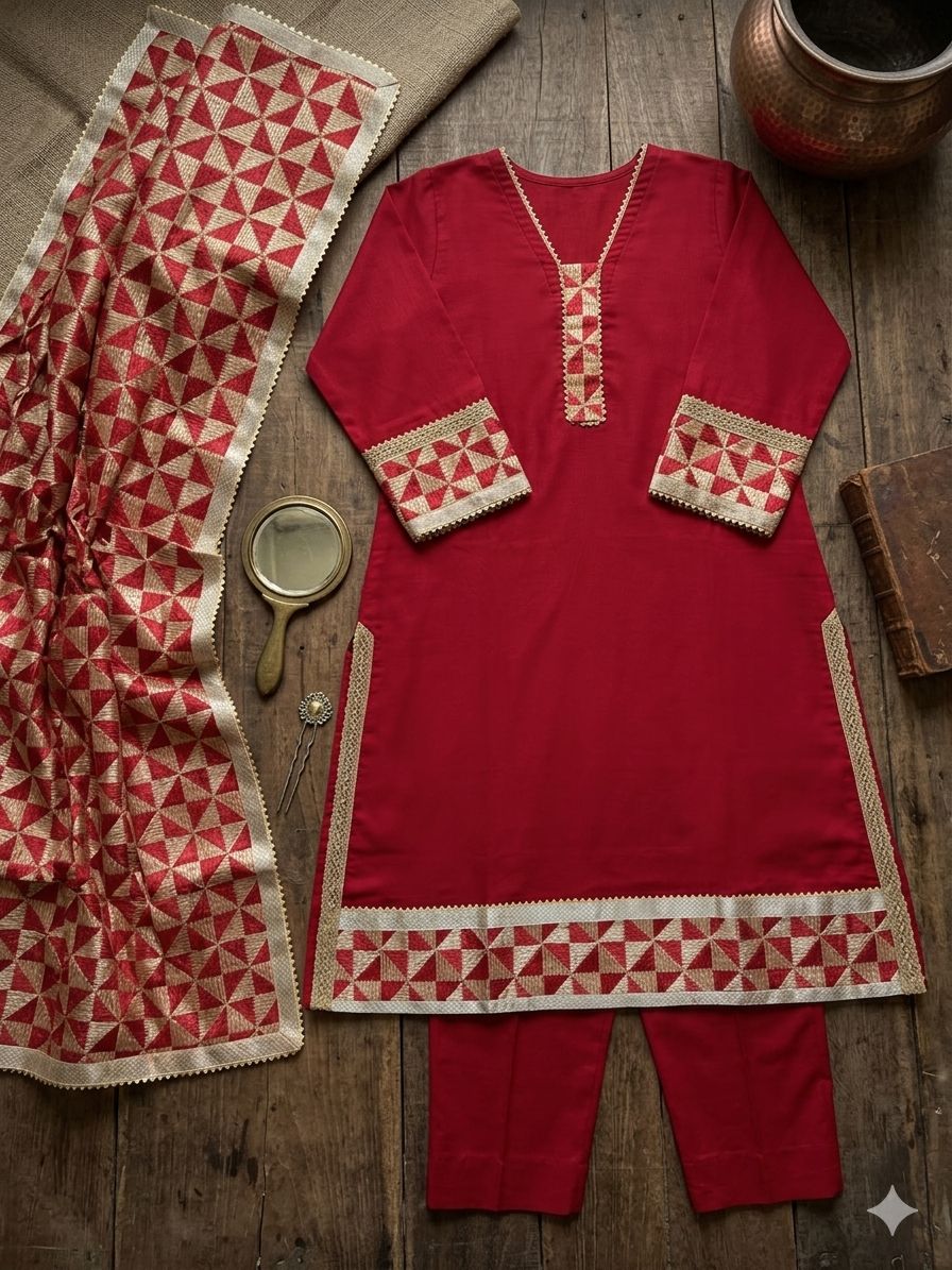 Maroon Unstitched Phulkari suit