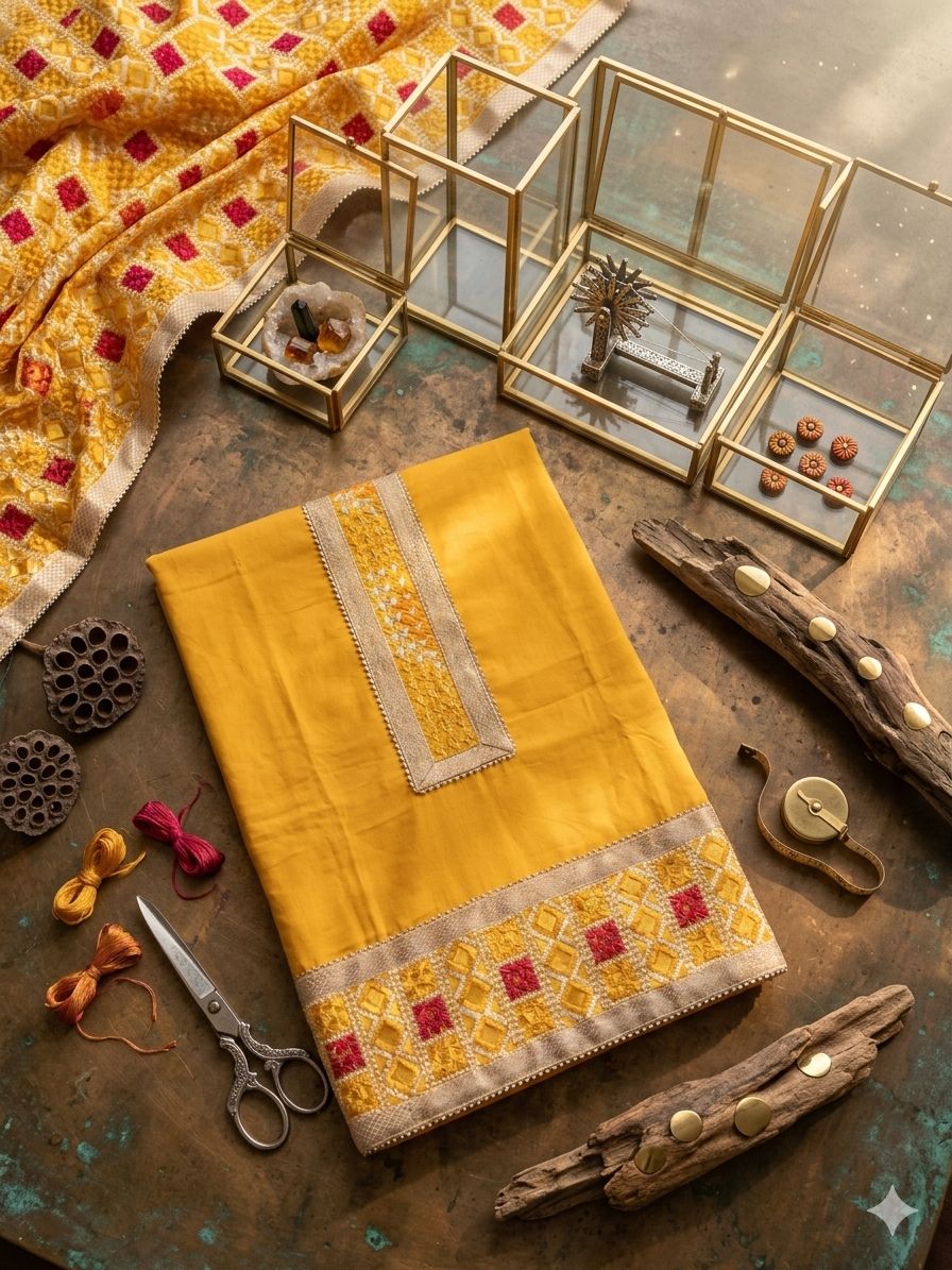 Yellow unstitched Phulkari Suit