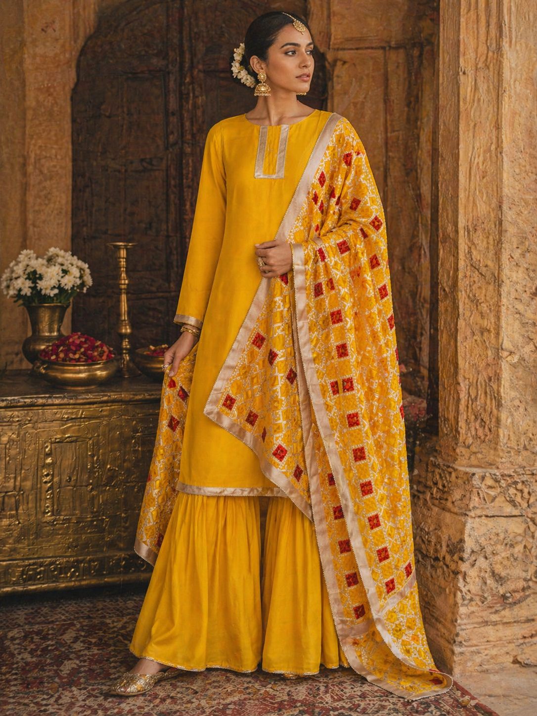 Yellow unstitched Phulkari Suit