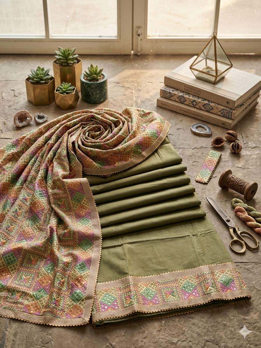 Green Unstitched Phulkari Suit