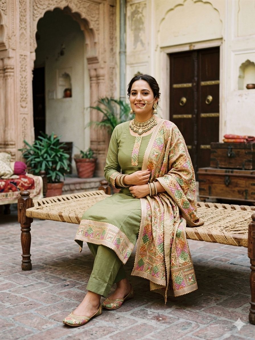 Green Unstitched Phulkari Suit