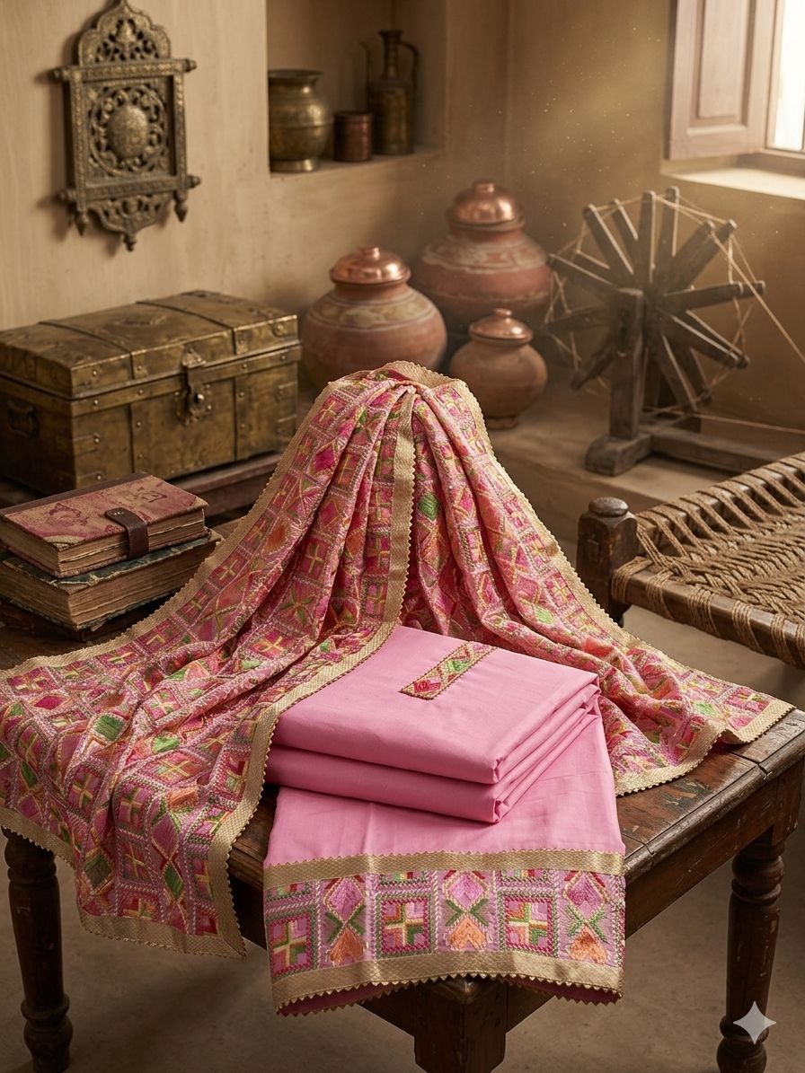 Pink Unstitched Phulkari Suit