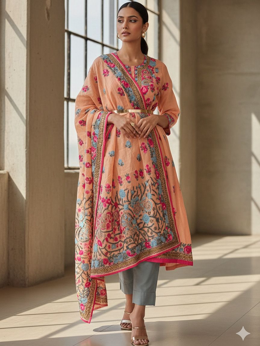 Peach Unstitched Chanderi Suit